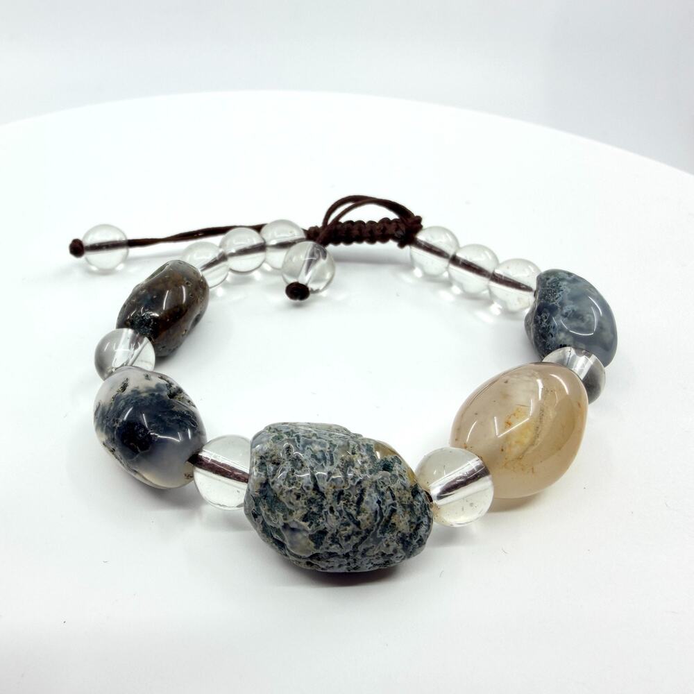 Vintage Natural Agate Quartz Macrame Bracelet Adjustable Shamballa Healing Stone